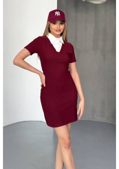 Ded Collectıon Kadın Beyaz Gömlek Yaka Detaylı Ottoman Kumaş Kısa Kol Mini Elbise Bordo