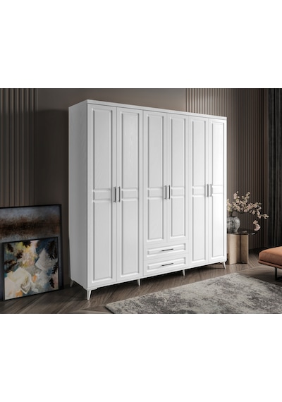 GuneyStore | Gözde 6 Kapaklı Komple MDF Beyaz Gardırop – Elbise Dolabı
