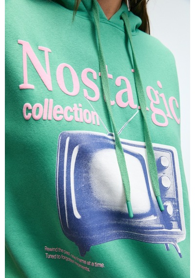 Grimelange SLOPANE Kadın Rahat Kesim Kapüşonlu Baskılı Yeşil Sweatshirt