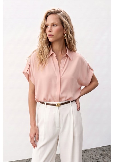 Sateen Kol Detaylı Salaş Gömlek - Pudra-137626