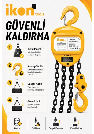 3 Ton 5 M Zincirli Caraskal Manuel Vinç Emniyet Mandallı Kanca Çelik Zincirli Kaldırma Aparatı