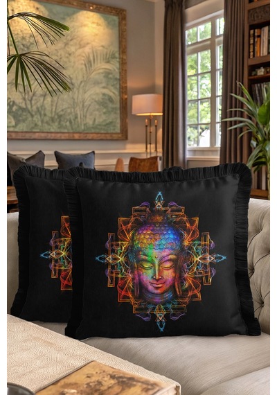 Spiritüel Zen Mandala Saçaklı Yastık Kılıfı - Meditasyon Temalı Bohem Siyah Püsküllü Kırlent Kılıfı Çok Renkli