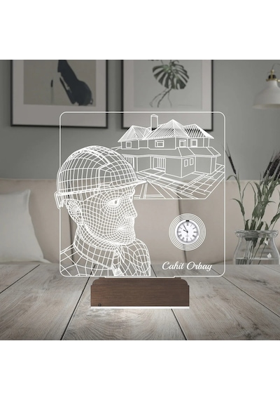 Luvivia İnşaat Mühendisi Mimar Müteahhit Kişiye Özel Metal Saatli 3d Lamba - Masa Gece Lambası Şeffaf