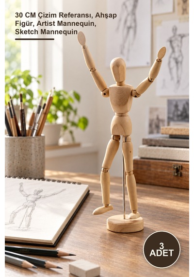 3 Adet Ahşap Eskiz Manken 30 Cm Çizim Referansı, Ahşap Figür, Artist Mannequin, Sketch Mannequin