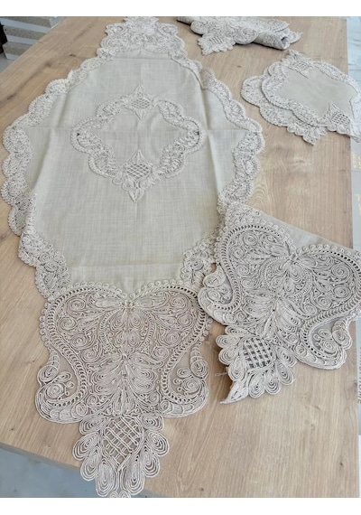 Salon Takımı Çeyizlik Krem Runner Set 5 Parça Keten Masa Örtüsü Runneri Gerdan Sarı