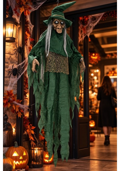 Halloween Cadılar Bayramı Sensörlü Sesli Işıklı Asılabilir Büyük Yeşil Cadı Korku Süsü 150 Cm Diğer