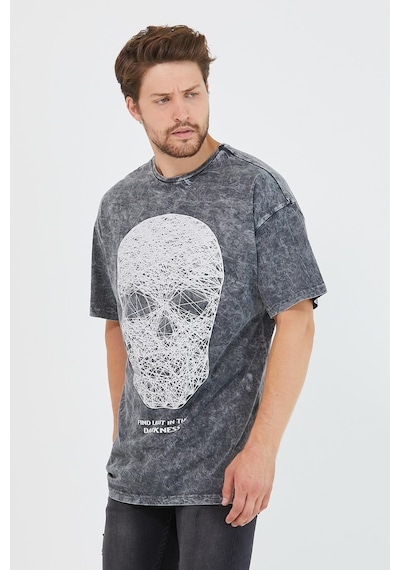 Erkek Parça Boya Baskılı Oversize Basic T-shirt Antrasit