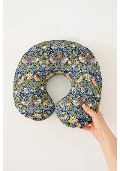 Kuş Ve Çiçek Desenli Ergonomik Boyun Yastığı - Vintage Lacivert Sarı Yumuşak Seyahat Yastığı Tozlu Toprak Deniz Mavisi