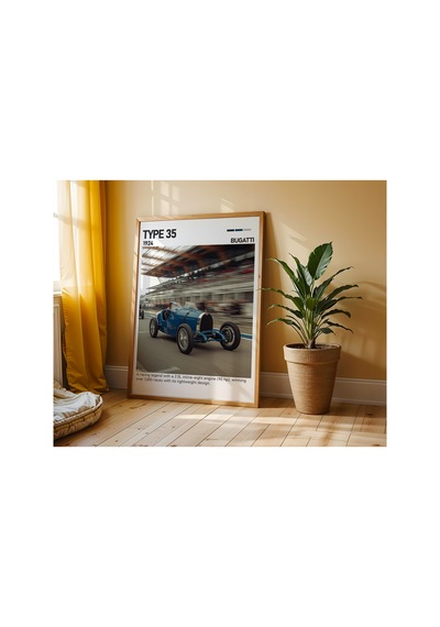 Bugatti Type 35 Ahşap Çerçeveli Poster Tablo Tarihi Yarış Aracı Ahşap 01