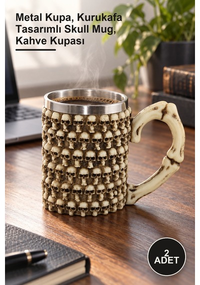 2 Adet Paslanmaz Çelik Kurukafa Kupa Bardak Metal Kupa, Kurukafa Tasarımlı Skull Mug, Kahve Kupası