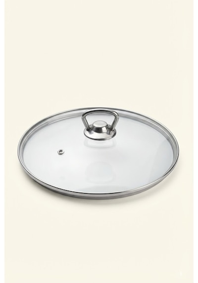 Isıya Dayanıklı Cam Tencere Tava Kapağı - Metal Kulplu Buhar Delikli Yedek Kapak 32 Cm Şeffaf