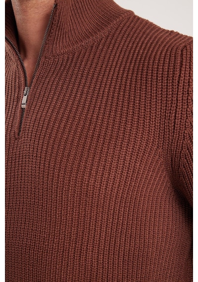 Tudors Erkek Slim Fit Dar Kesim Fermuarlı Kahverengi Dik Yaka Triko Kazak-34924 Kahverengi
