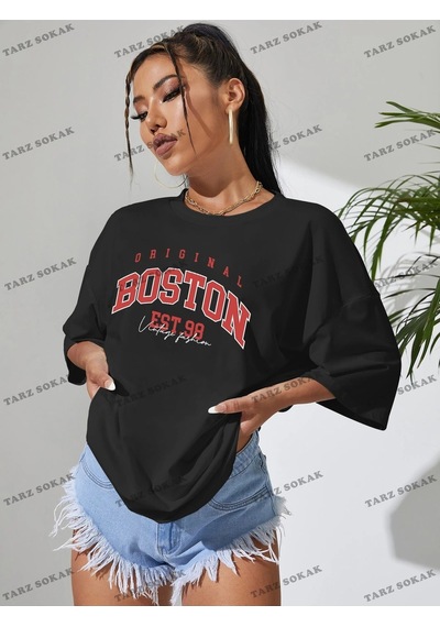 Startmore Unisex Bay Harfli Grafik Düşük Omuz Oversize Tişört Kod-1321 Siyah