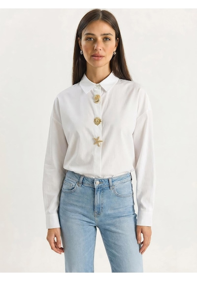 Shade Kadın Gold Düğme Aksesuarlı Poplin Gömlek 7508 60283943 - Beyaz