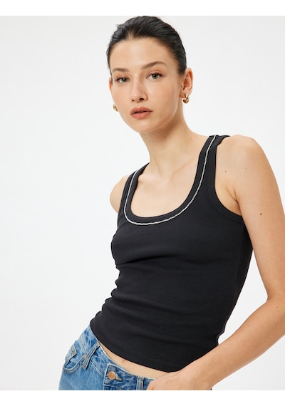 Koton Askılı Tişört Taşlı Fitilli U Yaka Pamuklu Slim Fit Siyah 5wak10058ek Siyah