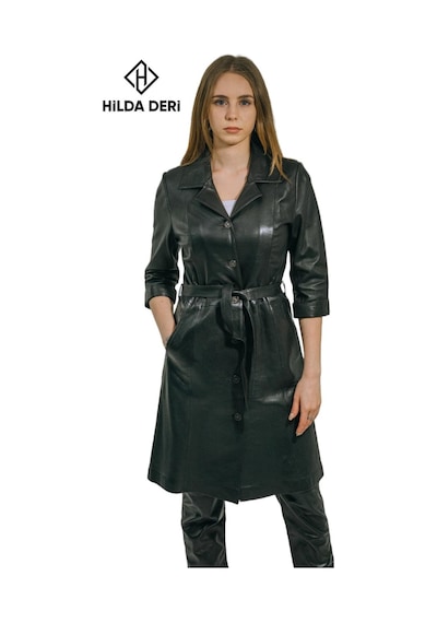 Hilda Deri Yarım Kollu Siyah Hakiki Deri Düğmeli Elbise Trençkot Diana 001