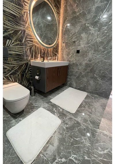 Villadia Home Textile 2'li Peluş Post Banyo Halısı Klozet Takımı Kaymaz Taban Yıkanabilir Banyo Paspası Beyaz