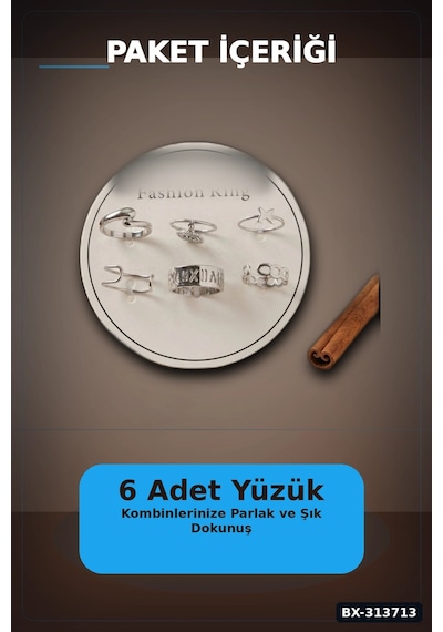 Pirinç Bohem Detaylı 6 Adet Yüzük Seti - Gümüş Rengi, 7-8 Numara, Bijuteri Aksesuar Bx-313713 Çok Renkli