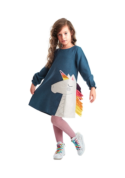 Renkli Unicorn Kız Çocuk Dokuma Lacivert Kışlık Elbise