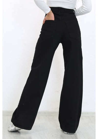 Palazzo Pantolon Siyah Yüksek Bel Geniş Paça Bol Kesim Premium Jeans Siyah