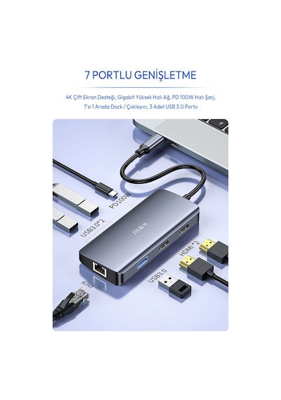 Type-c 7si 1 Arada Usb Hub Docking Station, 4k 60hz Hdmı, Gigabit Ethernet, Pd 100w Şarj, 3 Usb 3.0 Port, Çift Ekran Destekli Macbook Laptop Adaptörü N850