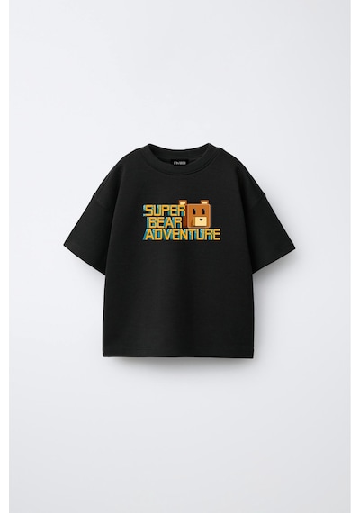 Fasardi Super Bear Adventure Süper Ayı Baskılı Oversize Pamuk Kısa Kollu Unisex Çocuk T-shirt Siyah