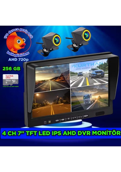2 Adet 4x3 Cm. Ahd 720p 170 Derece Balık Gözü Lens Kamera 7 İnç Ips Qled 256 Gb Dvr Monitör 12 V