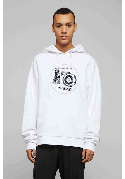 Motosiklet Saati Dxf Çemberi Baskılı Beyaz Erkek Kapşonlu Sweat