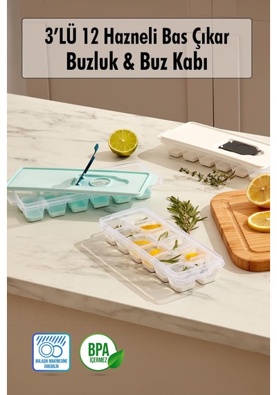 3 Lü Set 12 Hazneli Bas Çıkar Buzluk & Buz Kabı Çok Renkli