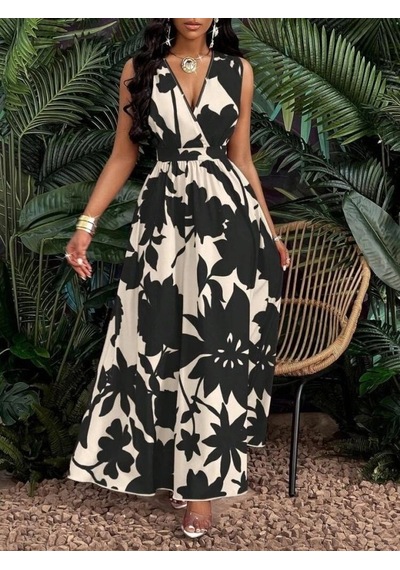 Defymoda Kadın Askılı Kruvaze Yakalı Çiçek Desenli Uzun Süprem Elbise Bej