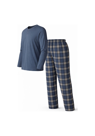 Mutlu City Erkek Mevsimlik Uzun Kollu 3 Düğmeli Ekose Alt Pijama Takımı 16649 İndigo