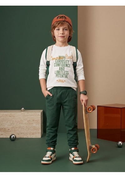 Zekids Erkek Çocuk Yazı Baskılı Uzun Kollu T-shirt-17451 Ekru