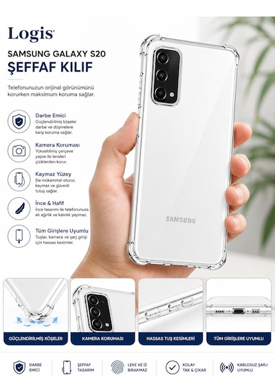 Logis Samsung Galaxy S20 Uyumlu Şeffaf Silikon Kılıf Darbe Emici Kamera Korumalı İnce Esnek Tpu Telefon Kılıfı