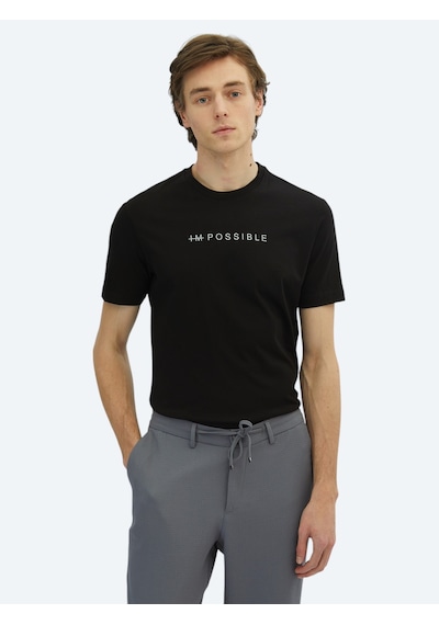 Kip Siyah Baskılı Bisiklet Yaka %100 Pamuk T-shirt siyah black