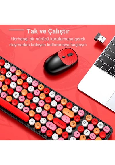 Polham 2.4ghz Kablosuz Retro Klavye Ve Mouse Seti, Tak Çalıştır Tüm Cihazlara Uyumlu Klavye Mouse Seti Lazer