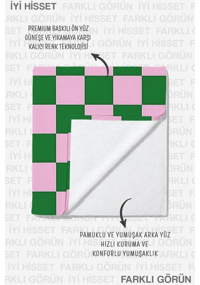 Damalı Kareli Pembe Yeşil Plaj Havlusu - Modern Retro Geometrik Hızlı Kuruyan Mikrofiber Havlu Örtü Çok Renkli