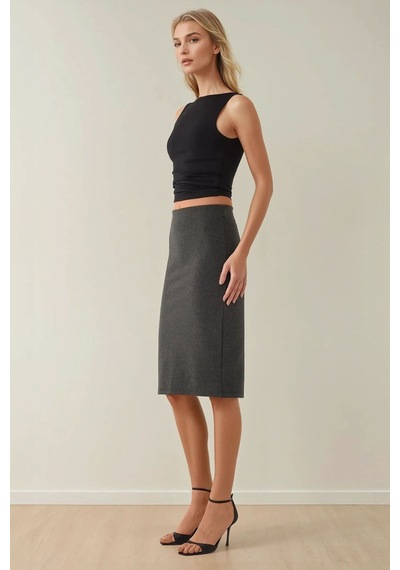 Hiccup Yüksek Bel Bodycon Midi Örme Etek Kömür Grisi
