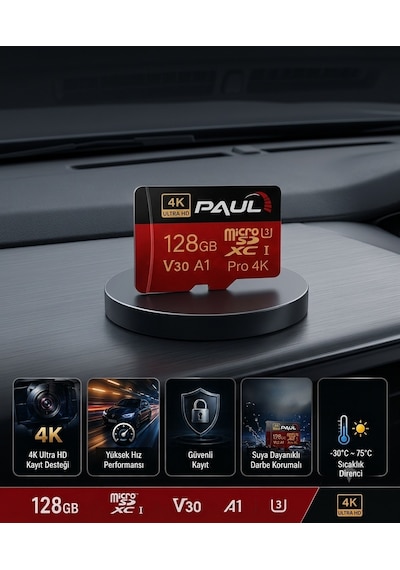 PAUL 128GB Micro SD Hafıza Kartı 4K Ultra HD V30 A1 U3 Yüksek Hızlı MicroSDXC