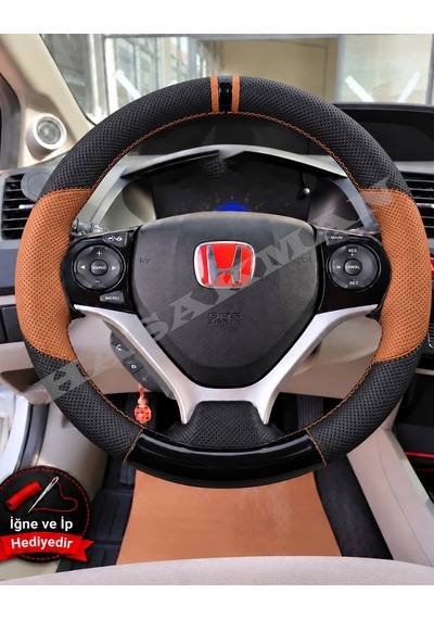 Honda Civic Fb7 Dikme Direksiyon Kılıfı Delikli Deri Parlak Siyah Taba Detay Çift Yüzük Ve Dikiş 2012-2016