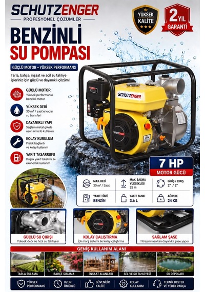 7 Hp 2 Inç Çıkışlı Benzinli Su Pompası 200 Mt Yatay Su Basar 4 Zamanlı Motor Turbo Güç Sarı
