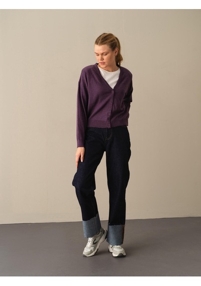 Xint Mor Slim Fit Açık V Yaka Pamuk Hırka 850832
