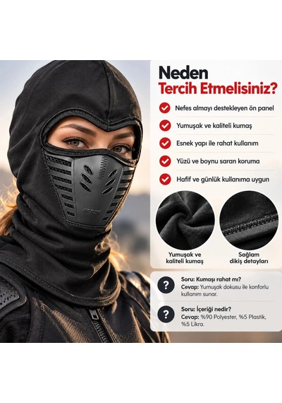 Biçomi Airflow Pro Nefes Alan Termal Balaklava Buğu Önleyici Tam Baş & Boyun Koruyucu Kar/motorcu Siyah