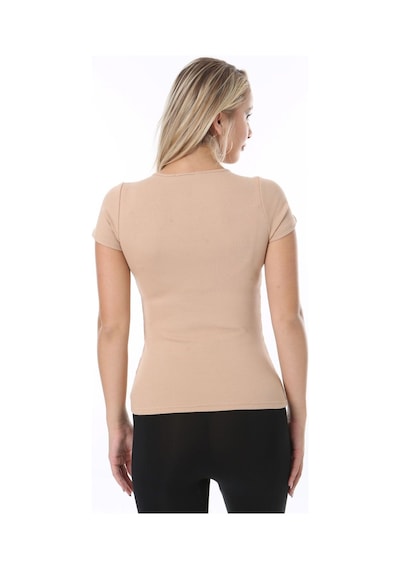 Rooted-kadın Basic V Yaka T-shirt ,fitilli Kaşkorse Kumaş Bluz Bej