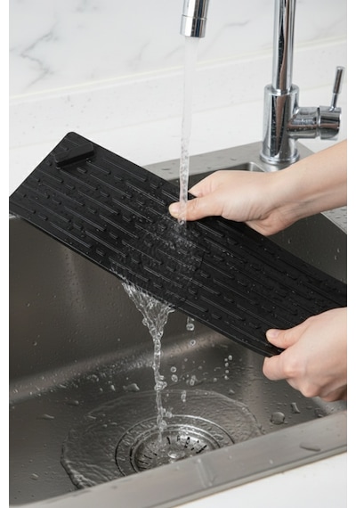 Siyah Uzun Silikon Kötü Koku Önleyici Mat Gider Kapağı Tıpası – Banyo, Mutfak ve Balkon Lavabo Gider 37x11 cm