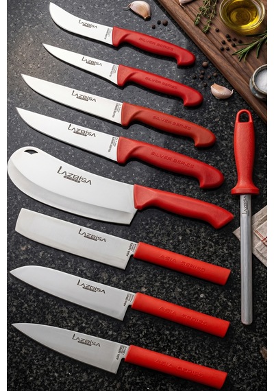 Lazbisa MFP-408 Silver Pro Serisi Mutfak Bıçak Seti 9 Parça Et Ekmek Sebze Salata Börek Bıçağı Masatı Kırmızı