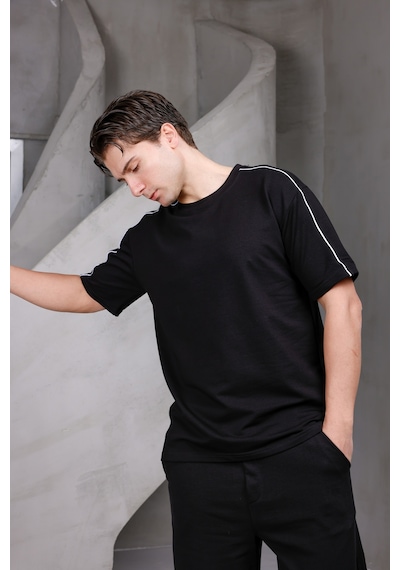 Erkek Şeritli Oversize Bisiklet Yaka 2 İki İplik Kompakt T-shirt Siyah