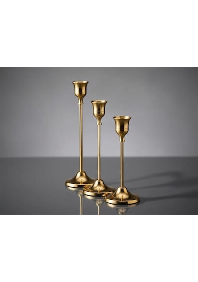 3'lü Metal Şamdan Seti Gold Renk Şamdanlık Klasik Mumluk Seti Çan Model 16-19-22 Cm