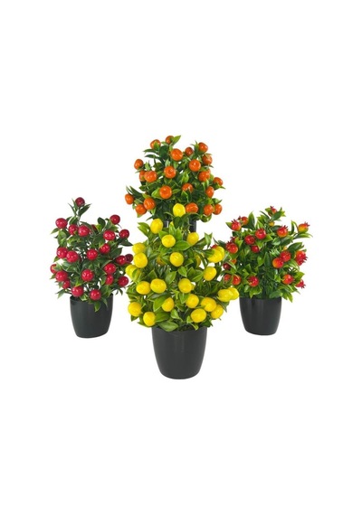 4lü Set Yapay Çiçek Kiraz Nar Limon Ve Mandalina Ağacı Siyah Saksıda 30cm