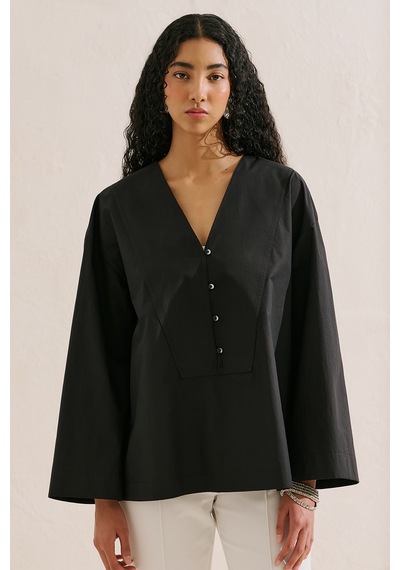 Manuka Poplin Geniş Kol V Yaka Gömlek Siyah Ss26gml00023-021.10199 SİYAH