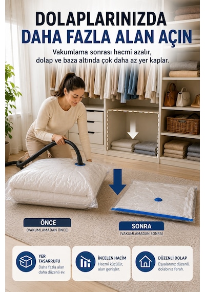 Maxi Boy Vakumlu Hurç 80x110 Cm 1 Adet Çift Kilitli Vakum Poşeti Yorgan Battaniye Saklama Çuvalı Şeffaf